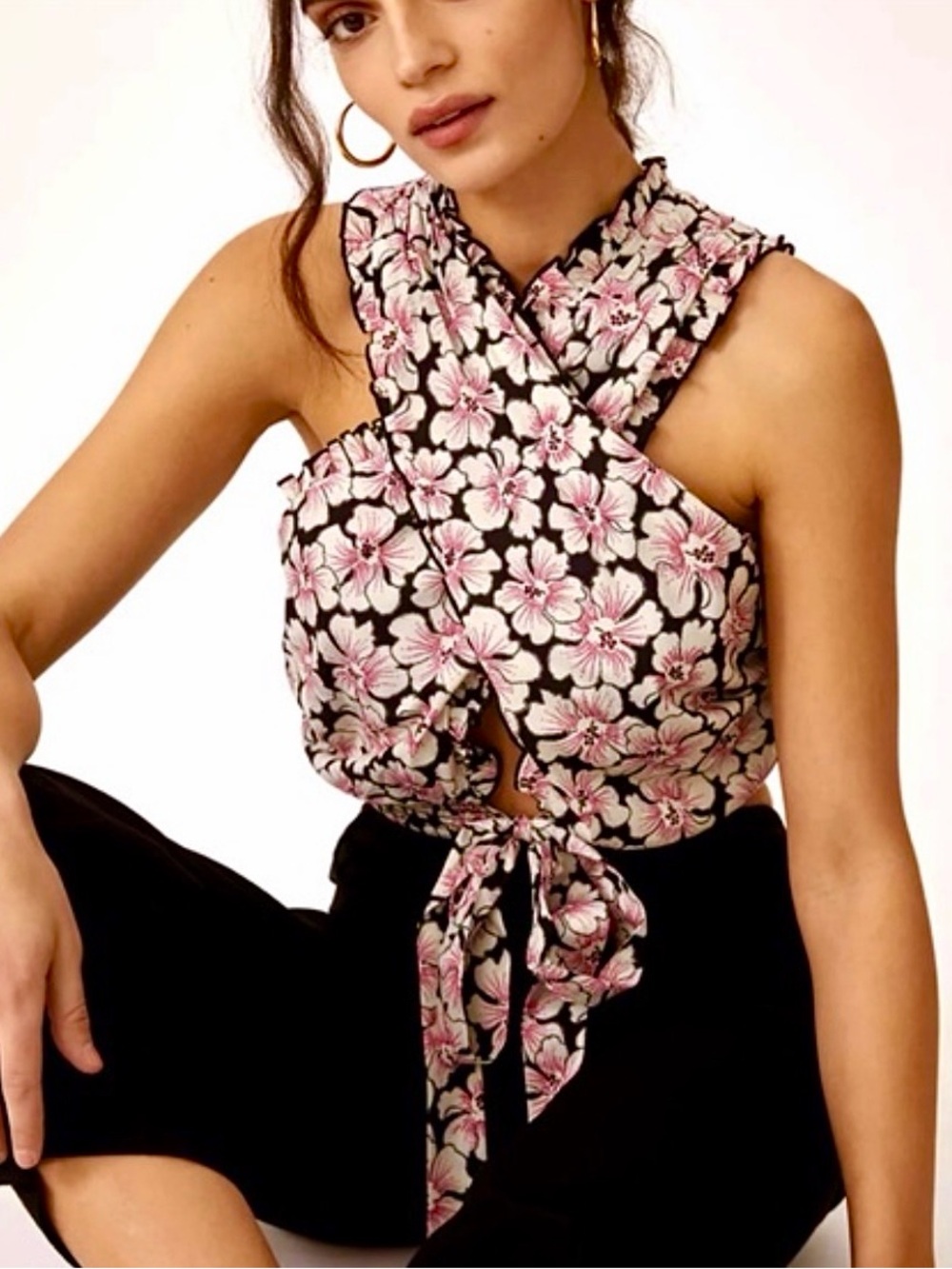 ANTHROPOLOGIE Pink Floral Cross-Front Tie Crop halter NWT!! 🩷🖤🤍